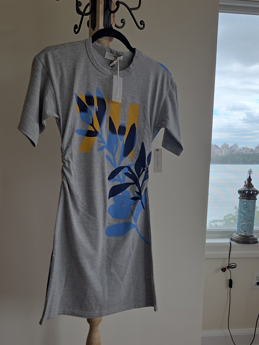 Anthropologie Gray Short-Sleeve Mini Dress with Blue & Yellow Botanical Print